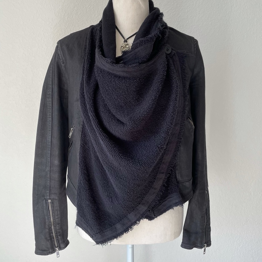 FREE PEOPLE BLACK SCARF WRAP AROUND BOHO FESTI DENIM MOTO JACKET SIZE 0